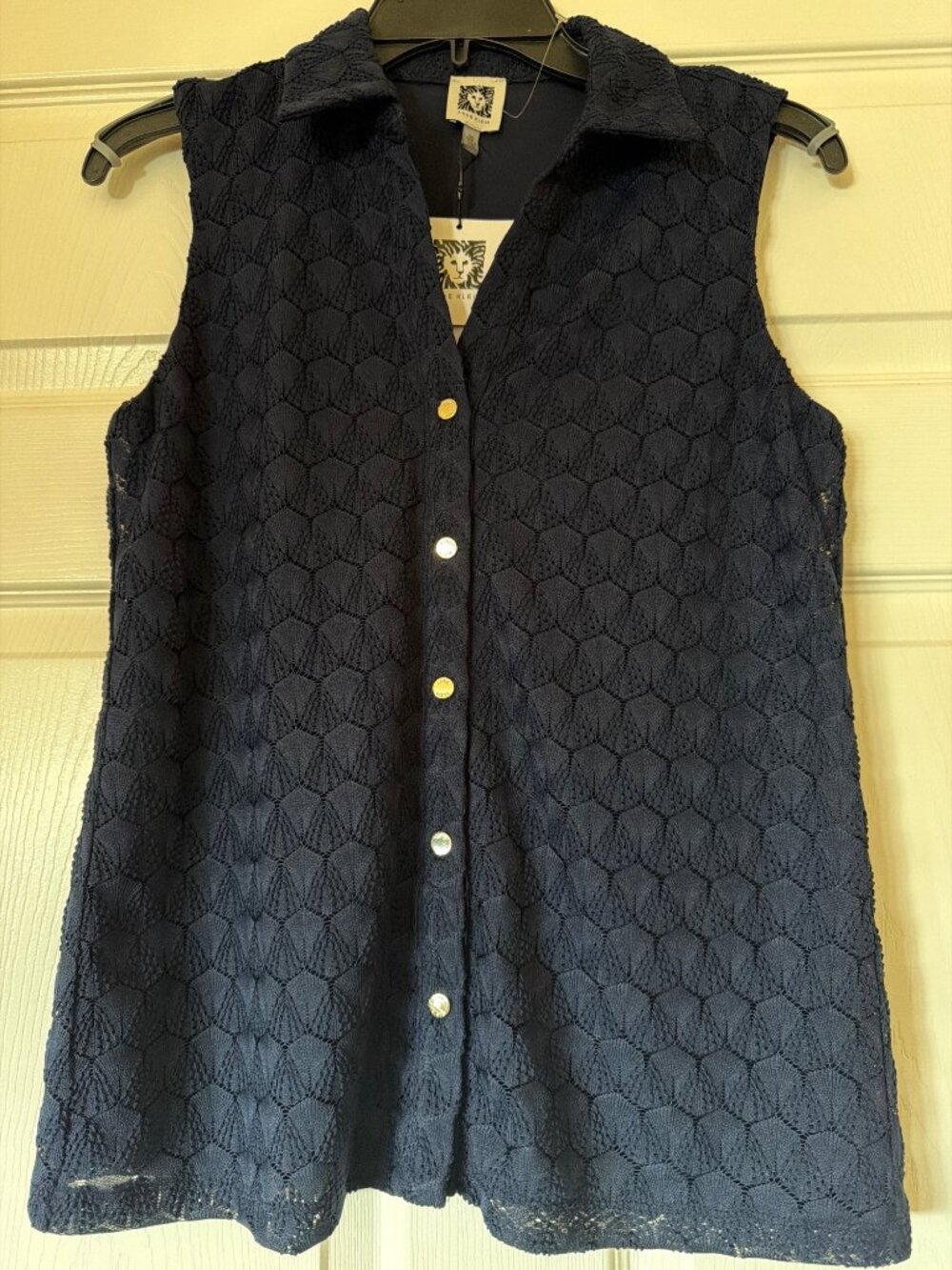 Anne Klein Womens Sleeveless Navy Textured Button-Down Tunic XS